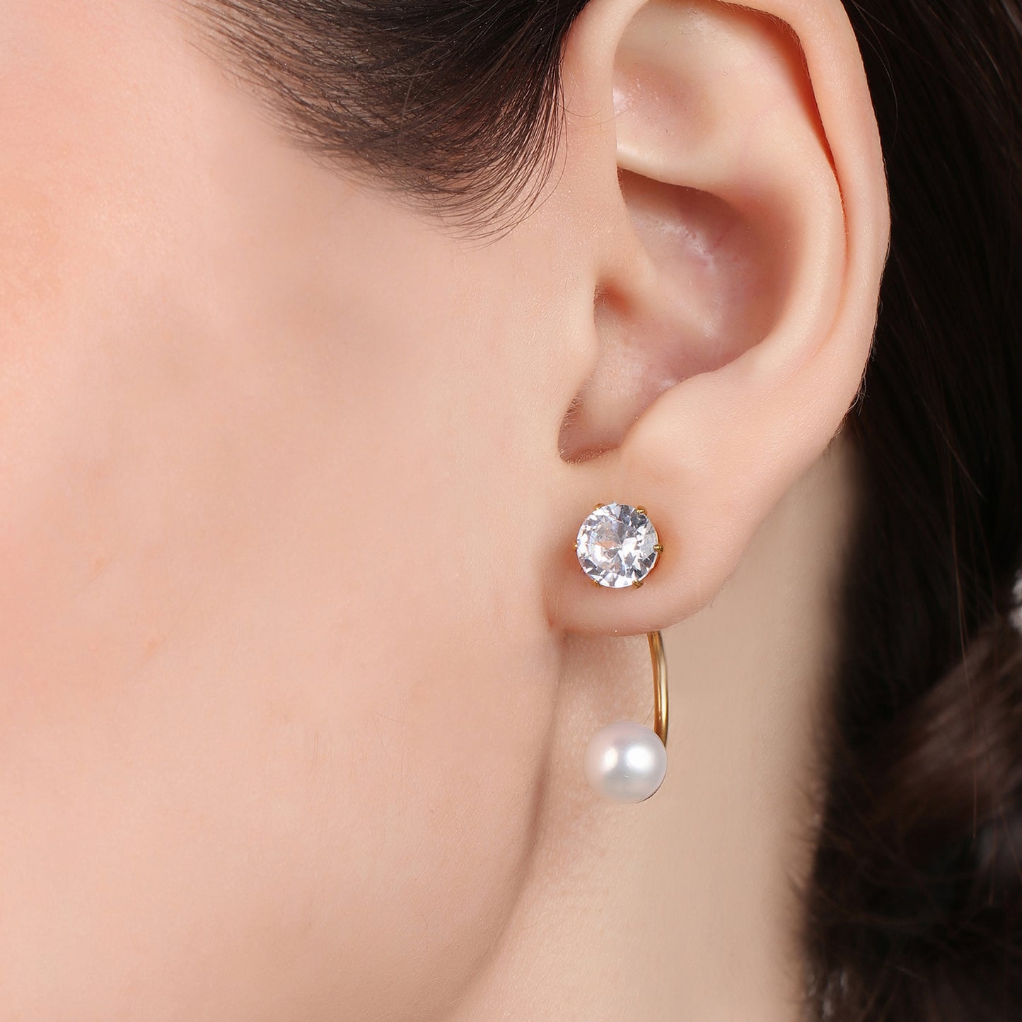 C Shaped Zircon And Pearl Stud Earring