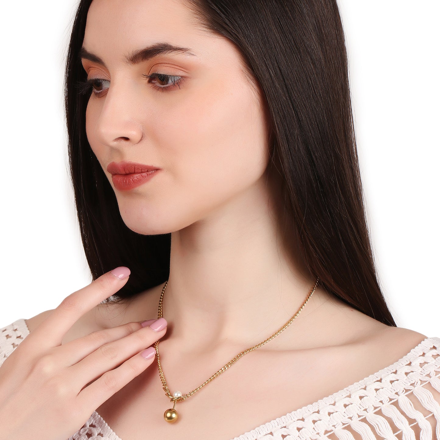 Gold Ball And Pearl Pendant Necklace