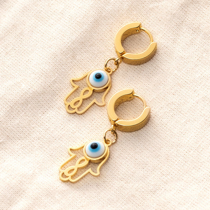 Evil Eye Hand Huggie Drop Earring