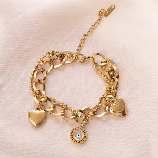 Evil Eye Heart Charms Link Chain Bracelet