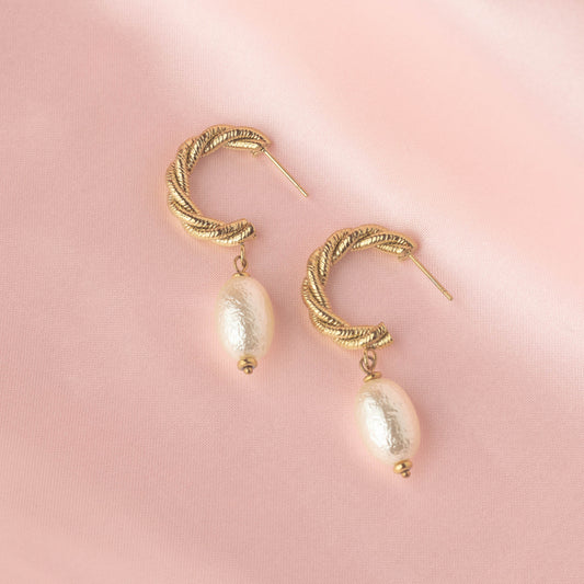 C Shaped Twisted Pearl Drop Earring