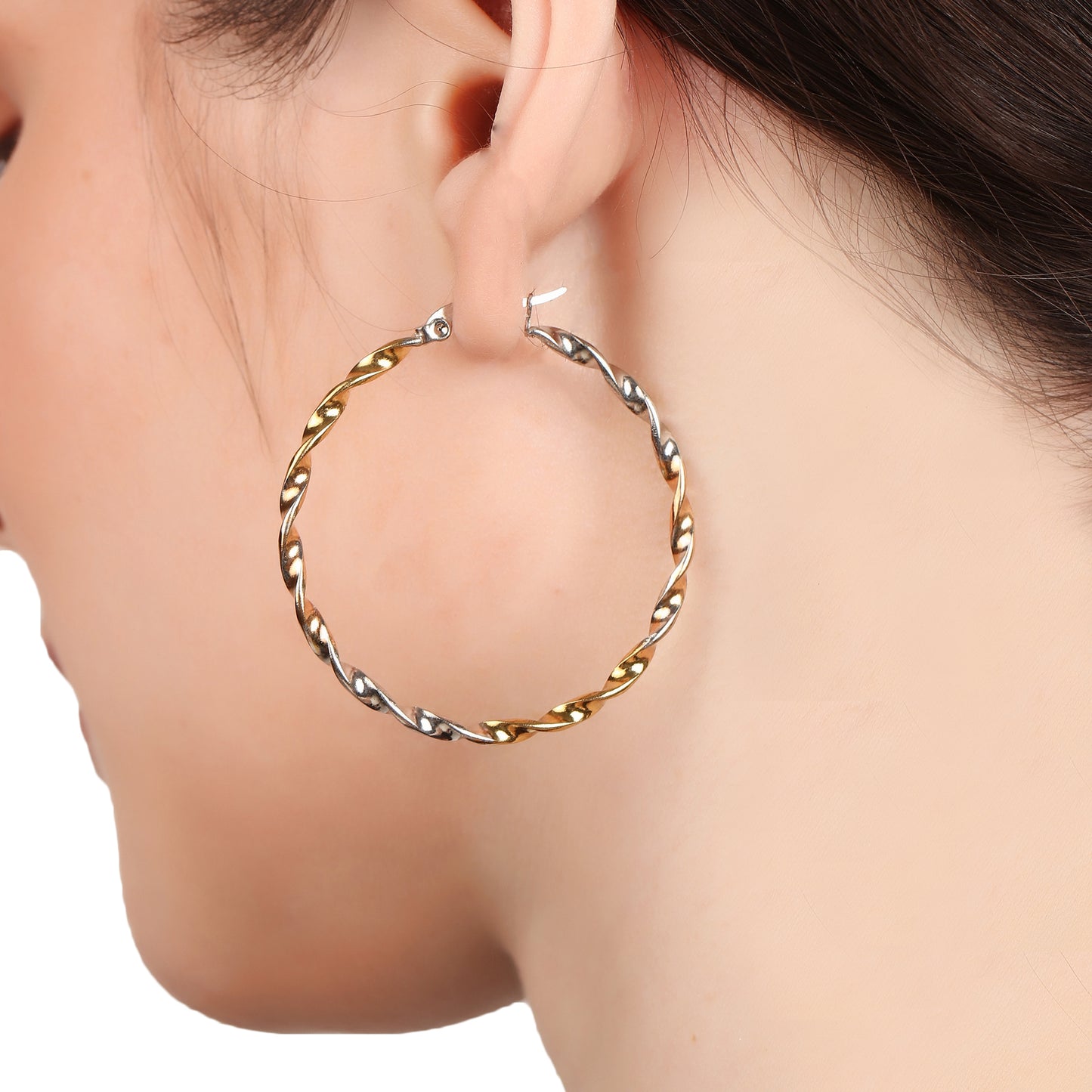 Twisted Round Shaped Silver And Gold Hoop Earring