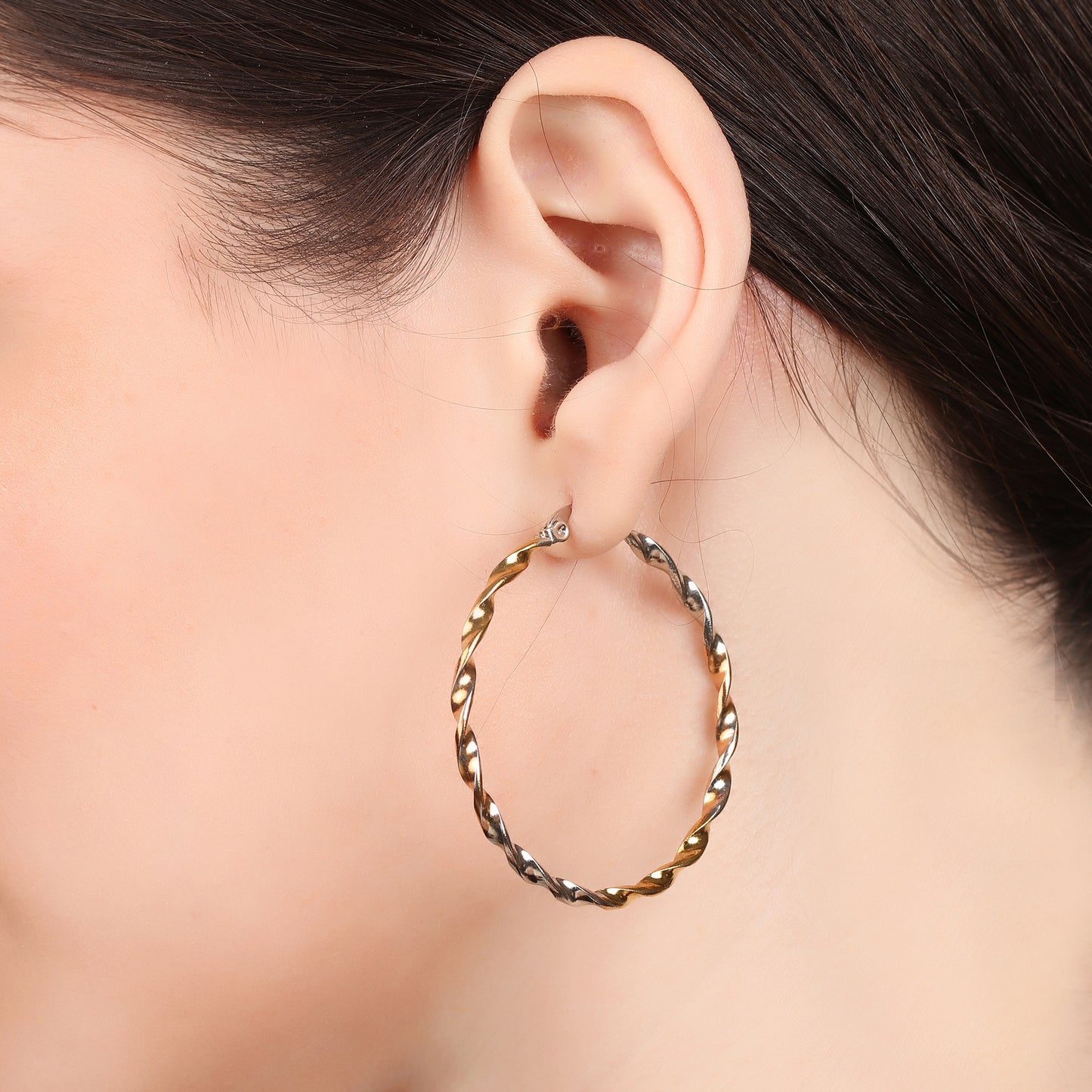 Twisted Round Shaped Silver And Gold Hoop Earring