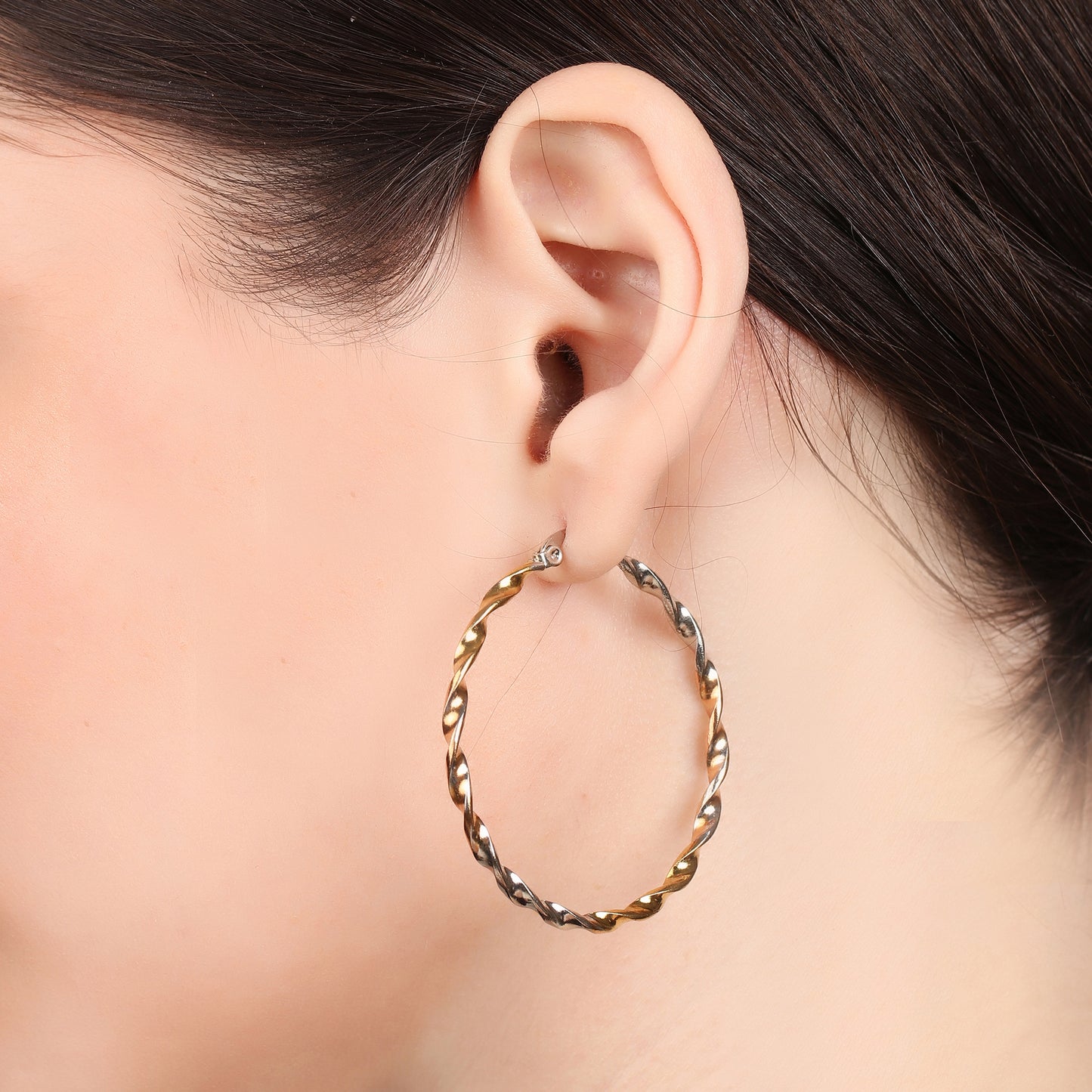 Twisted Round Shaped Silver And Gold Hoop Earring