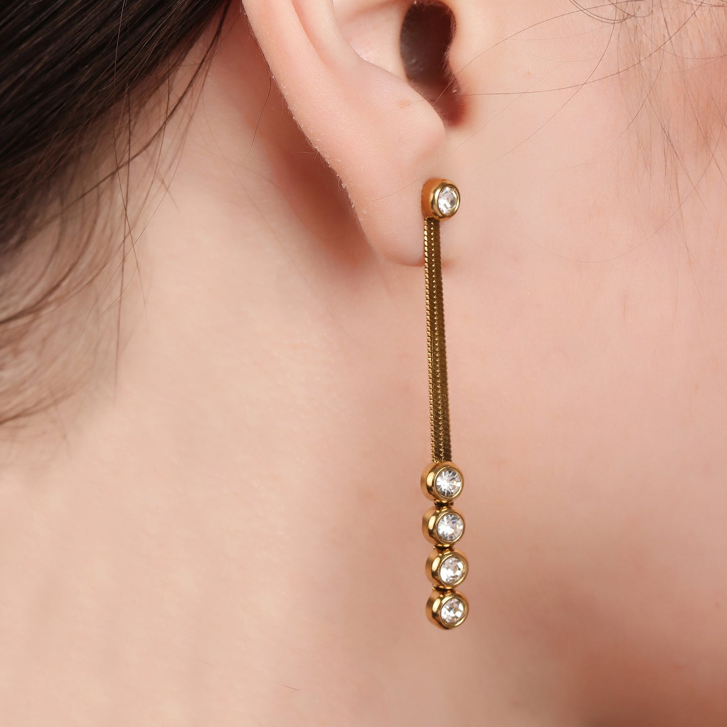 Three Zircon Snake Chain Drop Earring