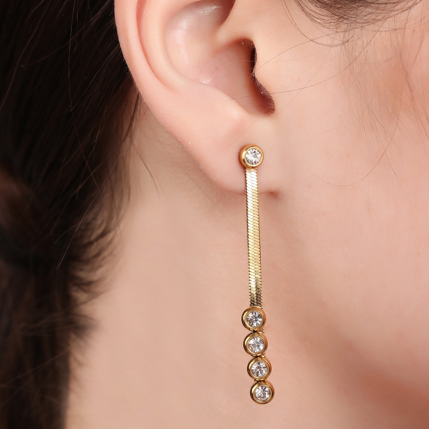 Three Zircon Snake Chain Drop Earring