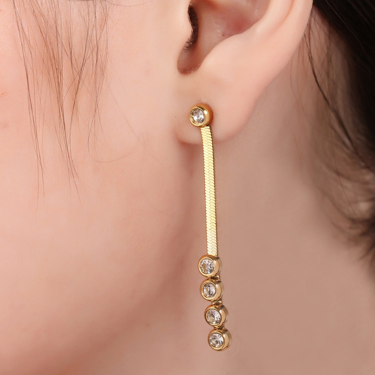 Three Zircon Snake Chain Drop Earring