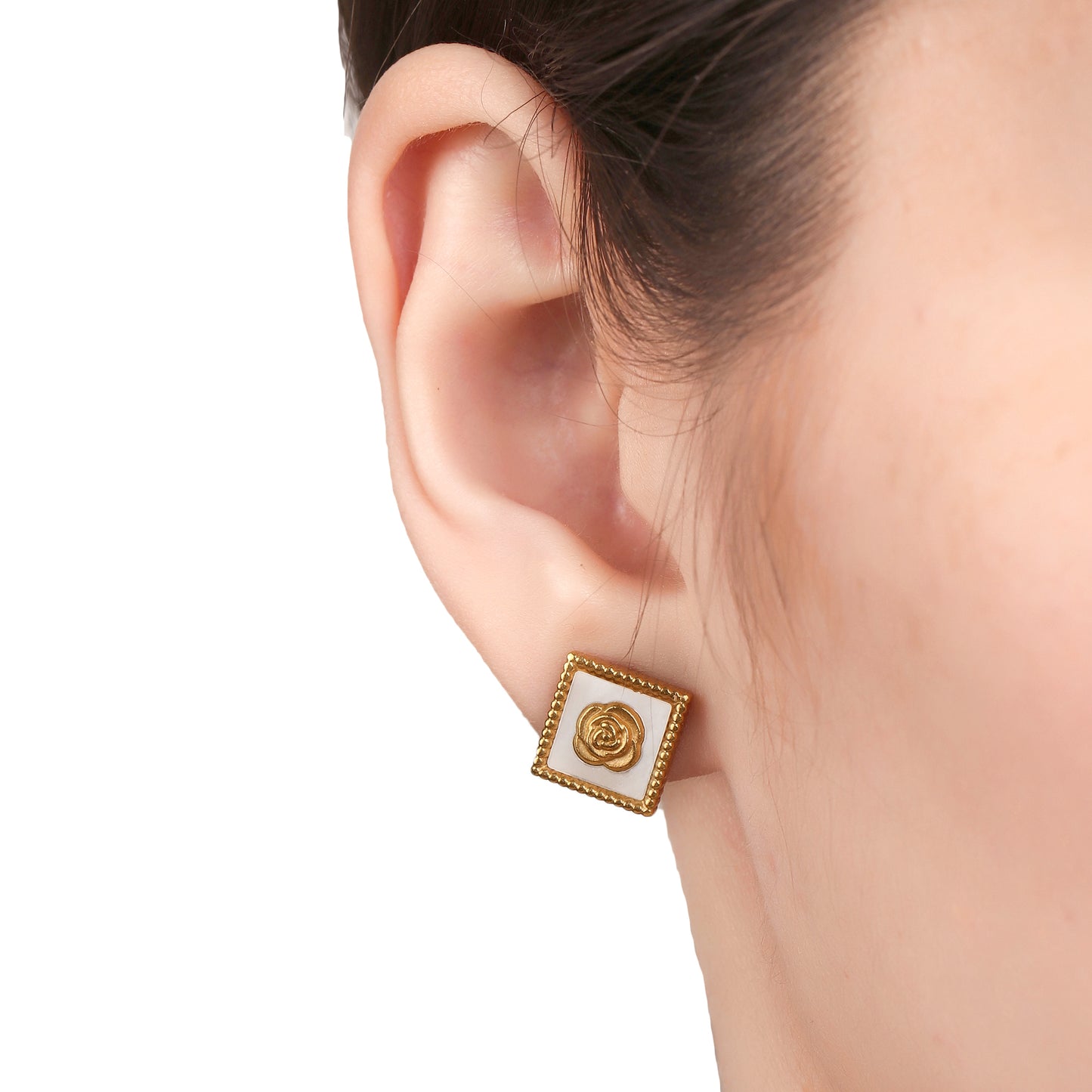 Square Charm White Shell Stud Earrings