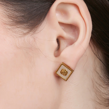 Square Charm White Shell Stud Earrings