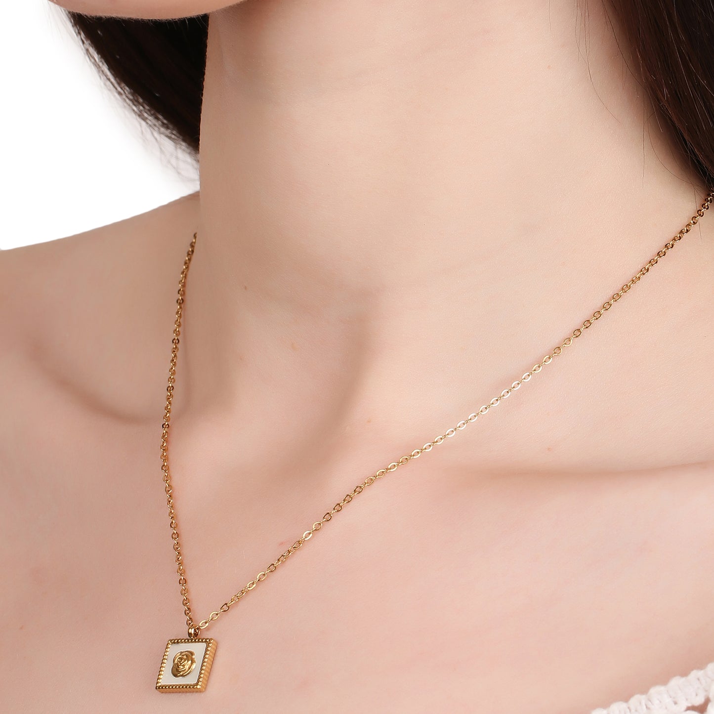 Square Shell Rose Embedded Pendant Necklace