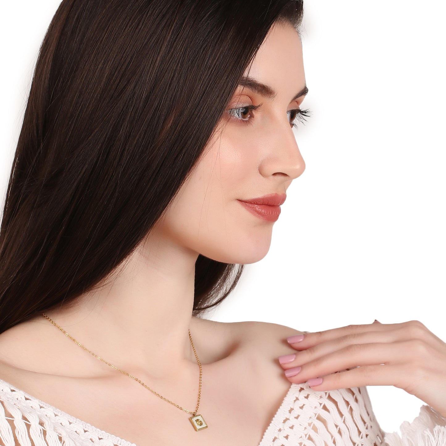 Square Shell Rose Embedded Pendant Necklace