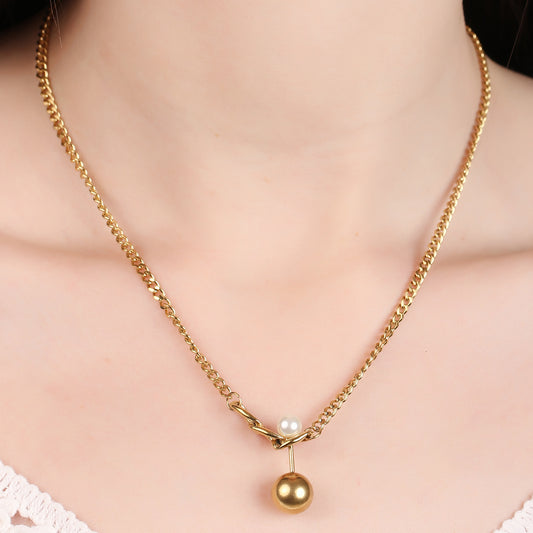 Gold Ball And Pearl Pendant Necklace