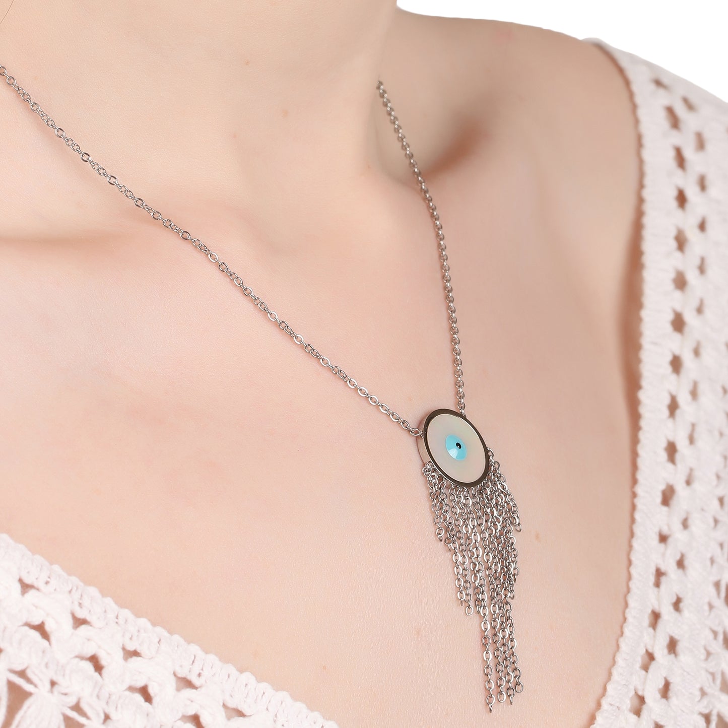 Evil Eye White Shell Coin Pendant Necklace