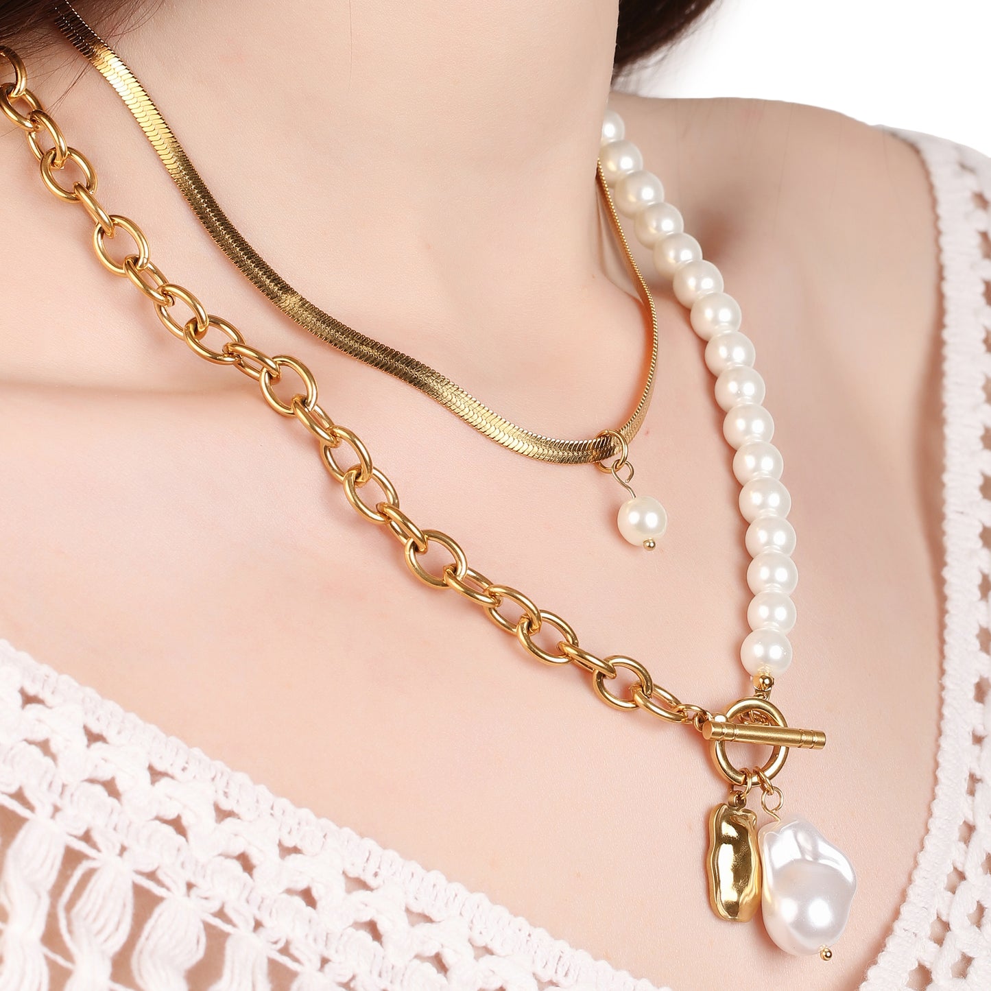 Double Layer Split Pearl  Pendant Necklace